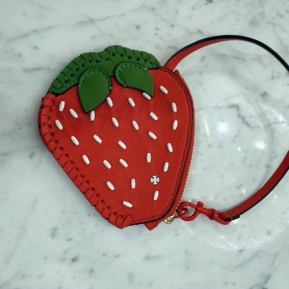 NEW Tory Burch Purse Strawberry Leather Nubuck Coin Pouch Charm Wristlet $118 - Picture 3 of 5